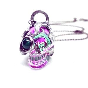 Gothic purple and green skull malachite crystal necklace handmade